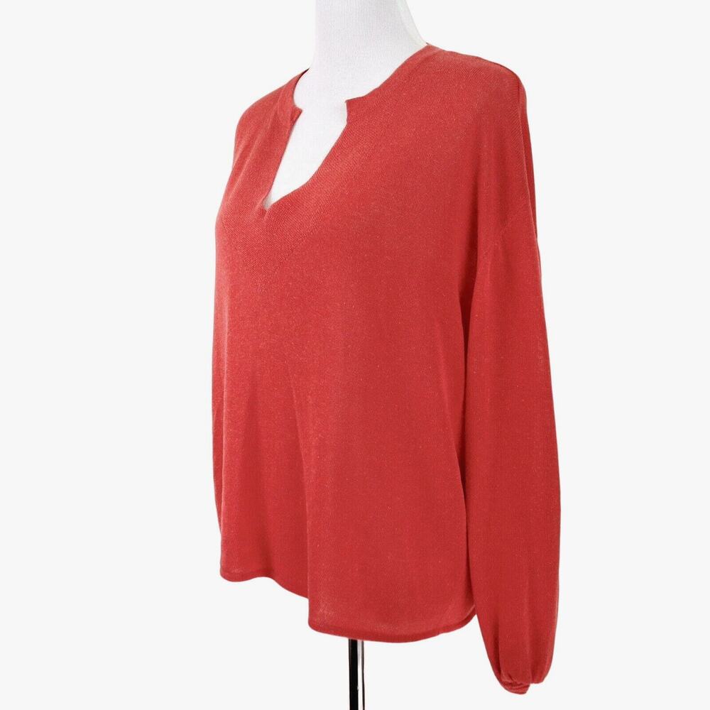 Zara Size M Tunic Split Neck Fine Knit Blouse Orange Blouson Sleeve